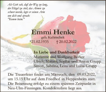 Traueranzeige von Emmi Henke von vrm-trauer Bürstädter/Lamperth. Ztg/Starkenburger