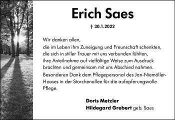 Traueranzeige von Erich Saes von vrm-trauer Wiesbadener Kurier