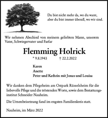 Traueranzeige von Flemming Holrick von vrm-trauer Rüsselsheimer Echo / MainSpitze