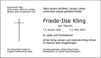 Traueranzeige von Friede-Ilse Kling von vrm-trauer Wiesbadener Kurier