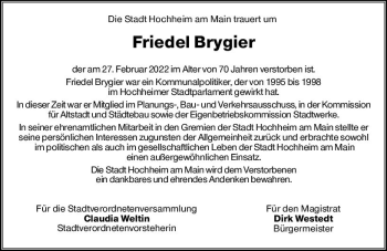 Traueranzeige von Friedel Brygier von vrm-trauer Hochheimer Zeitung