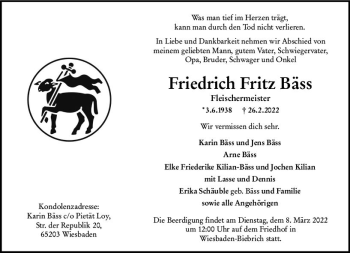 Traueranzeige von Friedrich Fritz Bäss von vrm-trauer Wiesbadener Kurier