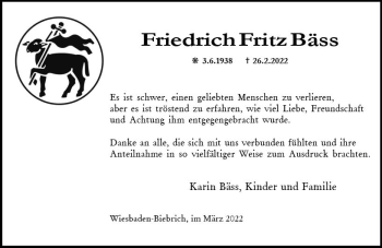 Traueranzeige von Friedrich Fritz Bäss von vrm-trauer Wiesbadener Kurier