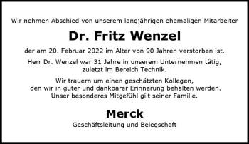 Traueranzeige von Fritz Wenzel von vrm-trauer Darmstädter Echo
