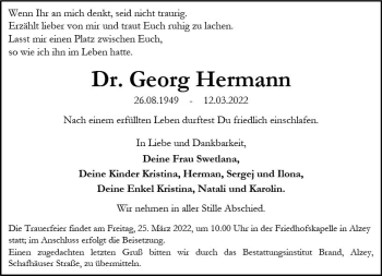 Traueranzeige von Georg Hermann von vrm-trauer Allgemeine Zeitung Alzey