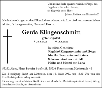 Traueranzeige von Gerda Klingenschmitt von vrm-trauer Allgemeine Zeitung Alzey
