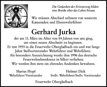 Traueranzeige von Gerhard Jurka von vrm-trauer WK-UTA