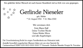 Traueranzeige von Gerlinde Nieseler von vrm-trauer WK-UTA