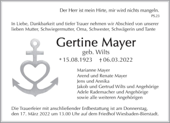 Traueranzeige von Gertine Mayer von vrm-trauer Wiesbadener Kurier