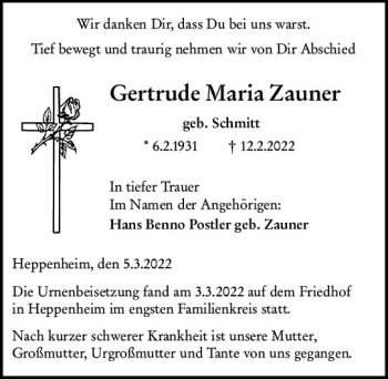 Traueranzeige von Gertrude Maria Zauner von vrm-trauer Bürstädter/Lamperth. Ztg/Starkenburger
