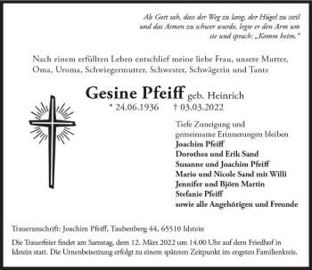 Traueranzeige von Gesine Pfeiff von vrm-trauer Idsteiner Zeitung