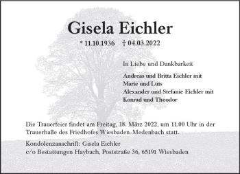 Traueranzeige von Gisela Eichler von vrm-trauer Wiesbadener Kurier