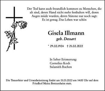 Traueranzeige von Gisela Illmann von vrm-trauer AZ Mainz