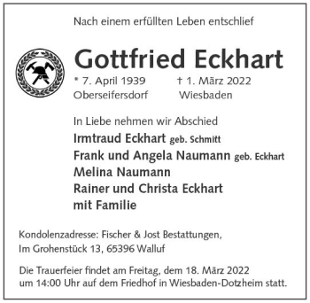 Traueranzeige von Gottfried Eckhart von vrm-trauer Wiesbadener Kurier