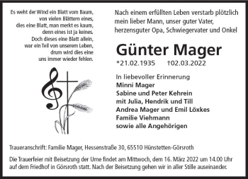Traueranzeige von Günter Mager von vrm-trauer Wiesbadener Kurier