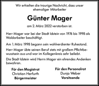Traueranzeige von Günter Mager von vrm-trauer Idsteiner Zeitung