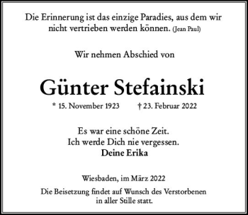 Traueranzeige von Günter Stefainski von vrm-trauer Wiesbadener Kurier