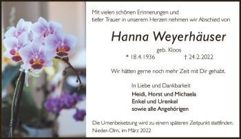 Traueranzeige von Hanna Weyerhäuser von vrm-trauer AZ Mainz
