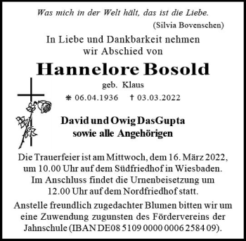 Traueranzeige von Hannelore Bosold von vrm-trauer Wiesbadener Kurier
