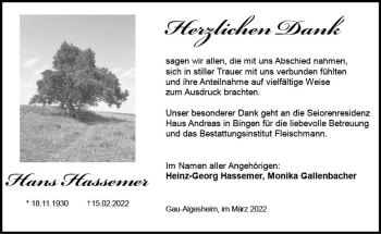 Traueranzeige von Hans Hassemer von vrm-trauer Allgemeine  Zeitung Ingelheim-Bingen