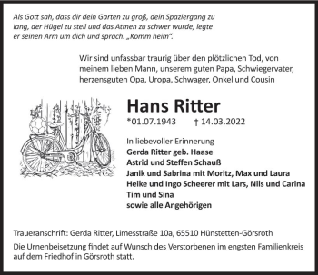 Traueranzeige von Hans Ritter von vrm-trauer Wiesbadener Kurier