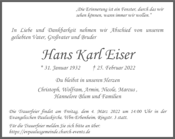 Traueranzeige von Hans Karl Eiser von vrm-trauer Wiesbadener Kurier