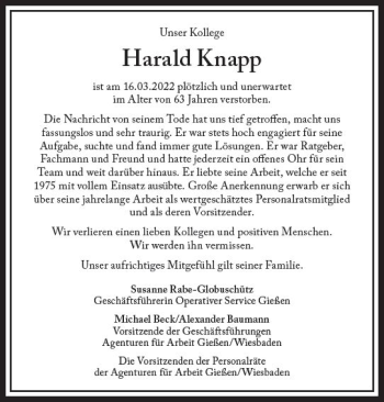 Traueranzeige von Harald Knapp von vrm-trauer Wiesbadener Kurier
