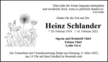 Traueranzeige von Heinz Schlander von vrm-trauer Odenwälder Echo