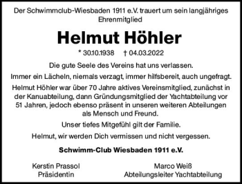 Traueranzeige von Helmut Höhler von vrm-trauer Wiesbadener Kurier