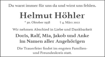 Traueranzeige von Helmut Höhler von vrm-trauer Wiesbadener Kurier