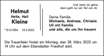 Traueranzeige von Helmut Kleine von vrm-trauer Darmstädter Echo