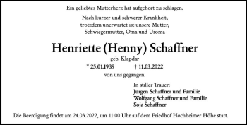 Traueranzeige von Henriette Schaffner von vrm-trauer Wormser Zeitung