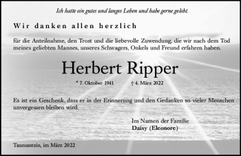 Traueranzeige von Herbert Ripper von vrm-trauer Wiesbadener Kurier