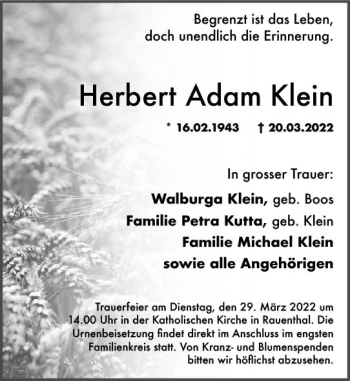 Traueranzeige von Herbert Adam Klein von vrm-trauer Wiesbadener Kurier
