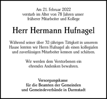 Traueranzeige von Hermann Hufnagel von vrm-trauer Darmstädter Echo