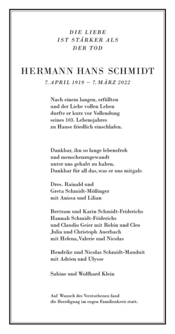 Traueranzeige von Hermann Hans Schmidt von vrm-trauer AZ Mainz