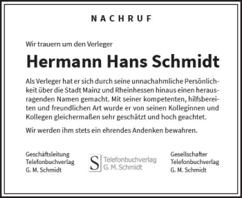 Traueranzeige von Hermann Hans Schmidt von vrm-trauer Wiesbadener Kurier