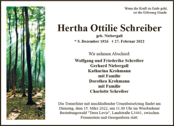 Traueranzeige von Hertha Ottilie Schreiber von vrm-trauer Wiesbadener Kurier
