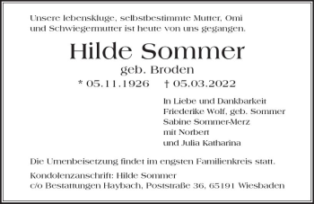 Traueranzeige von Hilde Sommer von vrm-trauer Wiesbadener Kurier