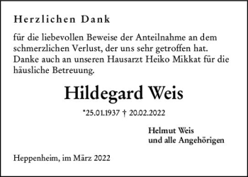 Traueranzeige von Hildegard Weis von vrm-trauer Bürstädter/Lamperth. Ztg/Starkenburger