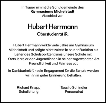 Traueranzeige von Hubert Herrmann von vrm-trauer Odenwälder Echo