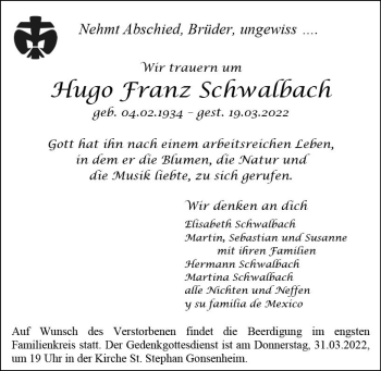 Traueranzeige von Hugo Franz Schwalbach von vrm-trauer AZ Mainz
