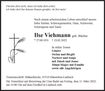 Traueranzeige von Ilse Viehmann von vrm-trauer Wiesbadener Kurier