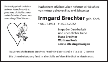 Traueranzeige von Irmgard Brechter von vrm-trauer Idsteiner Zeitung
