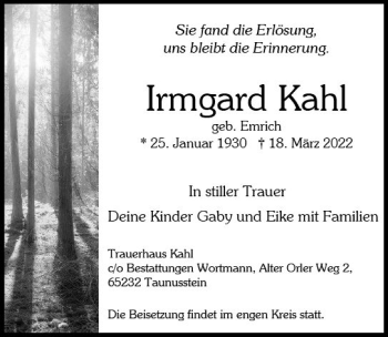 Traueranzeige von Irmgard Kahl von vrm-trauer Wiesbadener Kurier