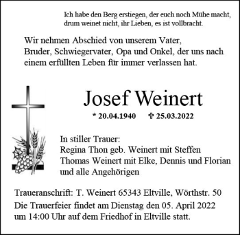 Traueranzeige von Josef Weinert von vrm-trauer Rheingau