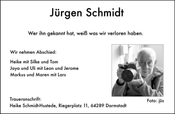 Traueranzeige von Jürgen Schmidt von vrm-trauer Odenwälder Echo