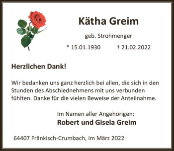 Traueranzeige von Kätha Greim von vrm-trauer Odenwälder Echo