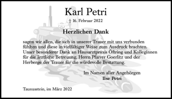 Traueranzeige von Karl Petri von vrm-trauer Wiesbadener Kurier