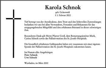 Traueranzeige von Karola Schnok von vrm-trauer Wiesbadener Kurier